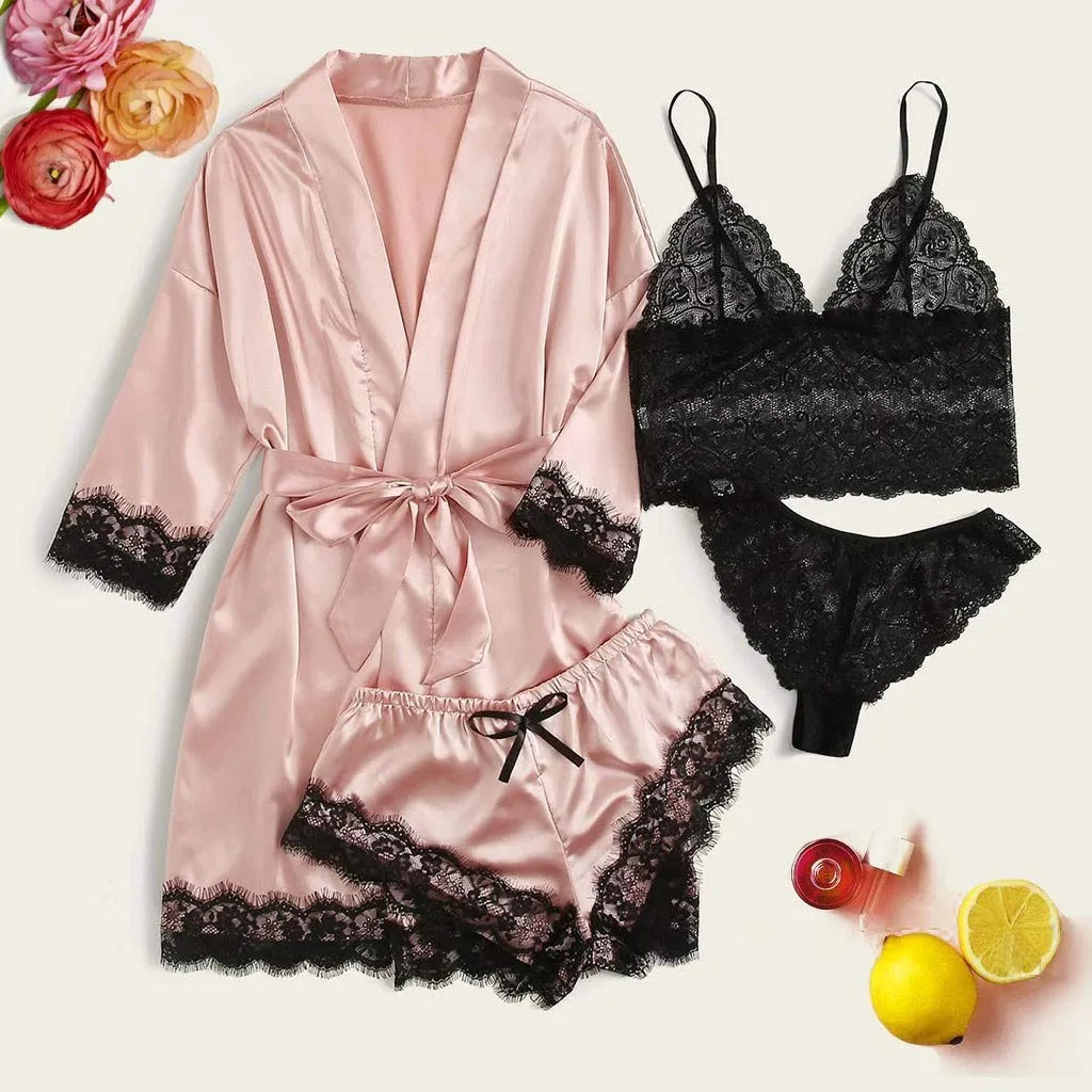 Woman Summer Pyjamas Elegant Lace Bra & Panty & Nightgown & Shorts Loungewear 4-in-1 Set