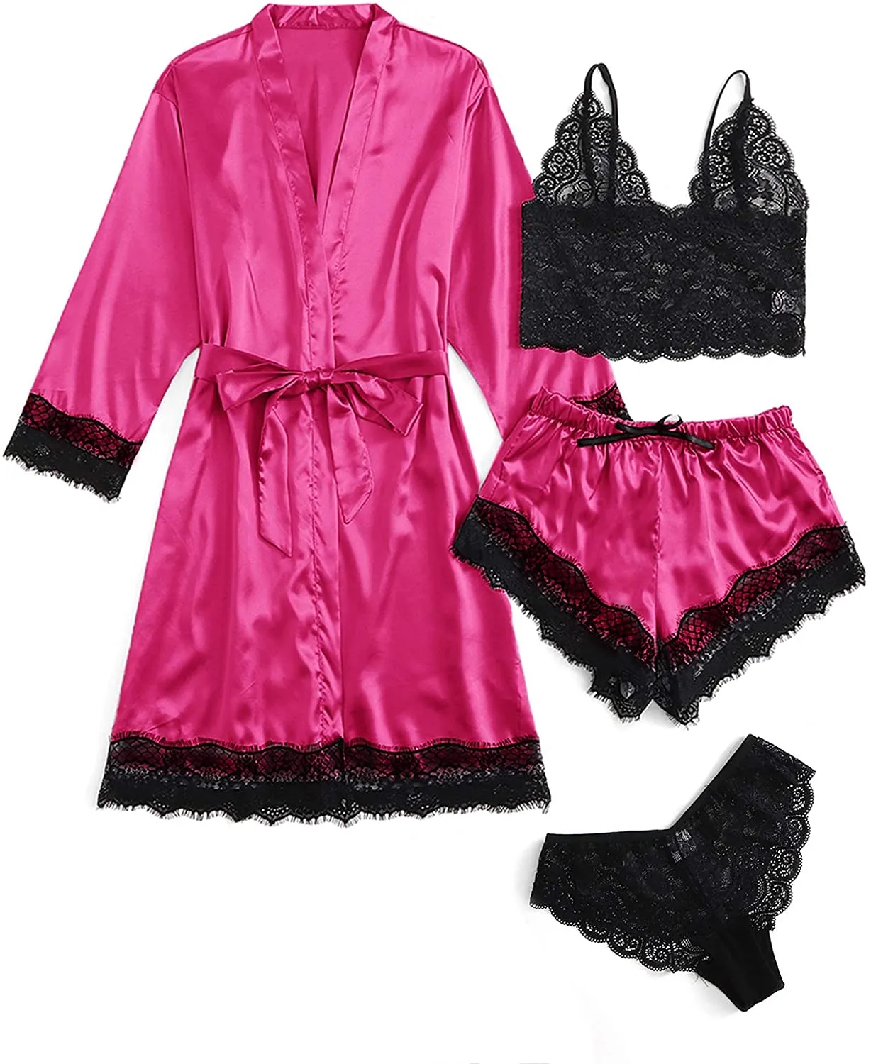 Woman Summer Pyjamas Elegant Lace Bra & Panty & Nightgown & Shorts Loungewear 4-in-1 Set