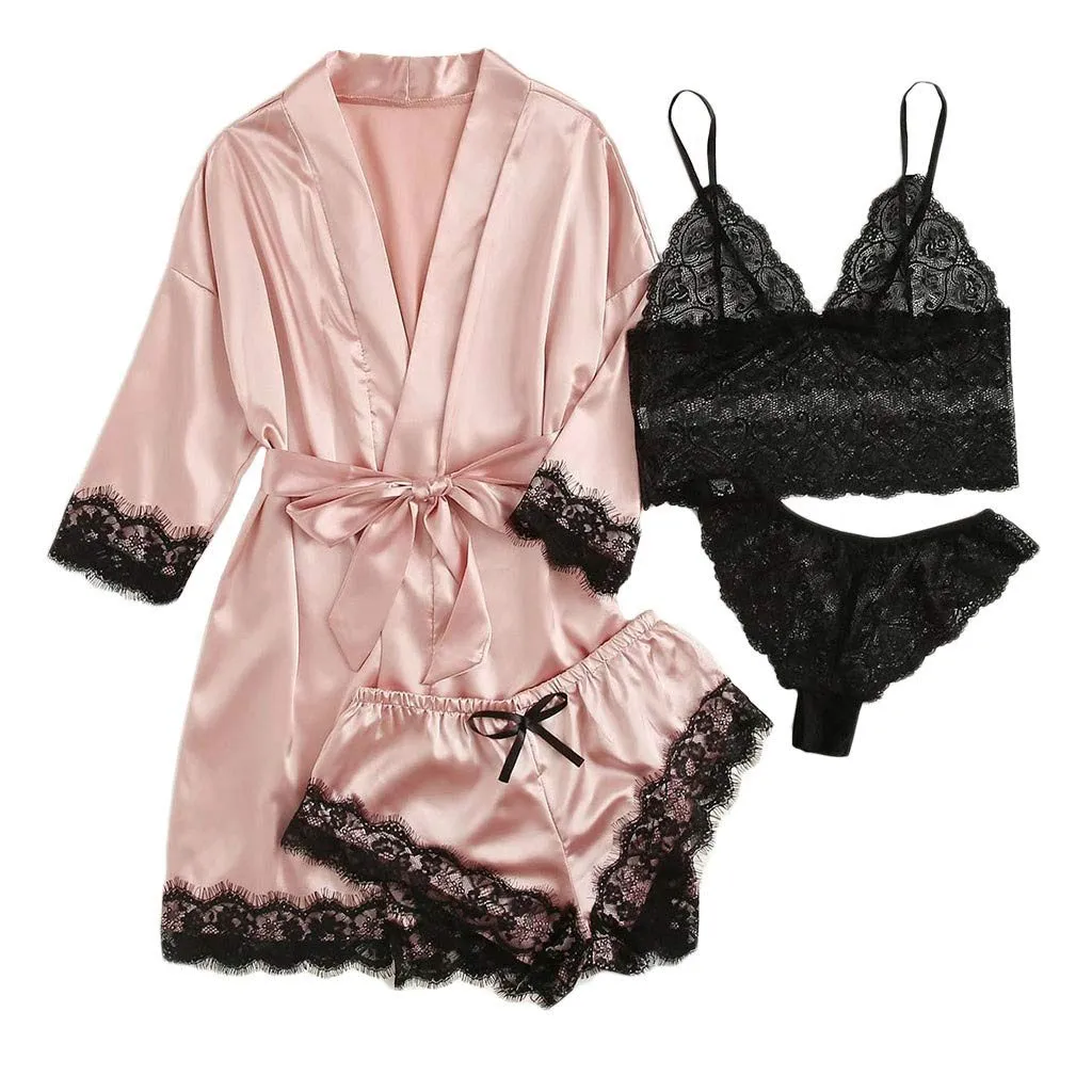 Woman Summer Pyjamas Elegant Lace Bra & Panty & Nightgown & Shorts Loungewear 4-in-1 Set
