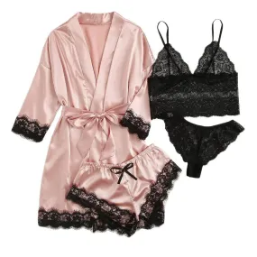 Woman Summer Pyjamas Elegant Lace Bra & Panty & Nightgown & Shorts Loungewear 4-in-1 Set