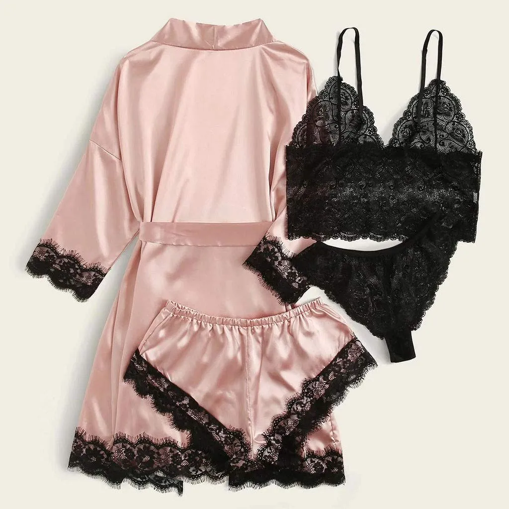 Woman Summer Pyjamas Elegant Lace Bra & Panty & Nightgown & Shorts Loungewear 4-in-1 Set