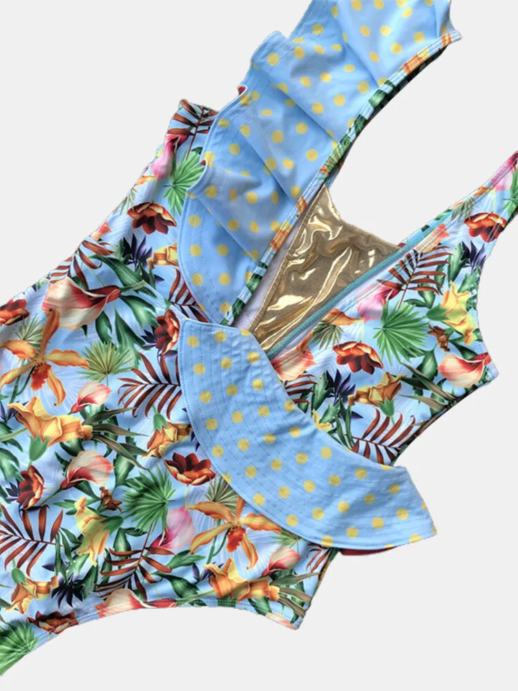 Women Floral Printing Ruffle Trims V-Neck Backless Lace-Up Holiday Beach One Piece