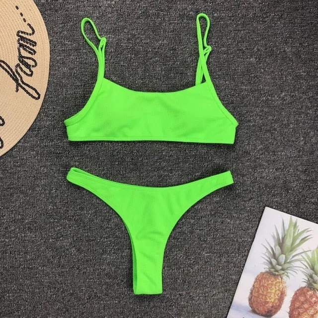 Women Swimwear 2019 Neon Yellow Micro Bikini Sexy Thong Swimsuit Female Low Waist Bikini set Bather Ribbed Bathing Suit