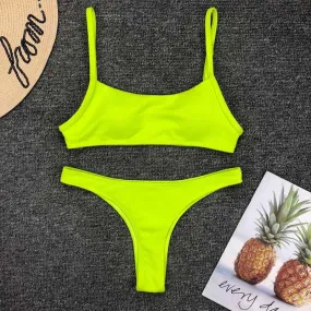 Women Swimwear 2019 Neon Yellow Micro Bikini Sexy Thong Swimsuit Female Low Waist Bikini set Bather Ribbed Bathing Suit
