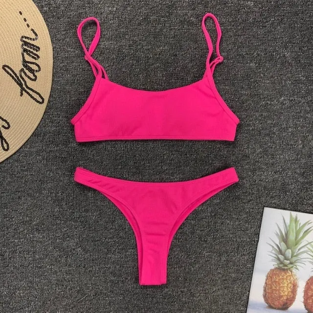 Women Swimwear 2019 Neon Yellow Micro Bikini Sexy Thong Swimsuit Female Low Waist Bikini set Bather Ribbed Bathing Suit
