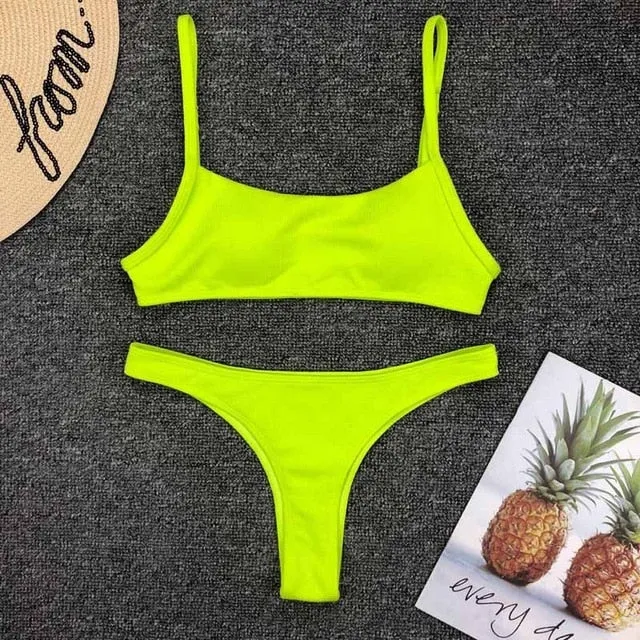 Women Swimwear 2019 Neon Yellow Micro Bikini Sexy Thong Swimsuit Female Low Waist Bikini set Bather Ribbed Bathing Suit
