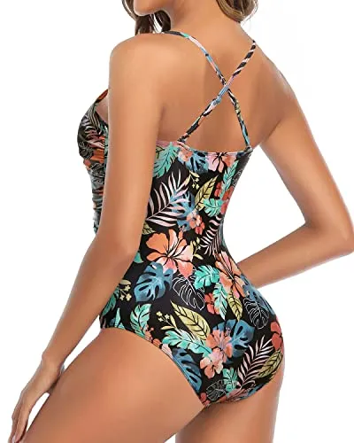Women's Criss Cross Swimwear One Piece Bathing Suit-Black Red Flower