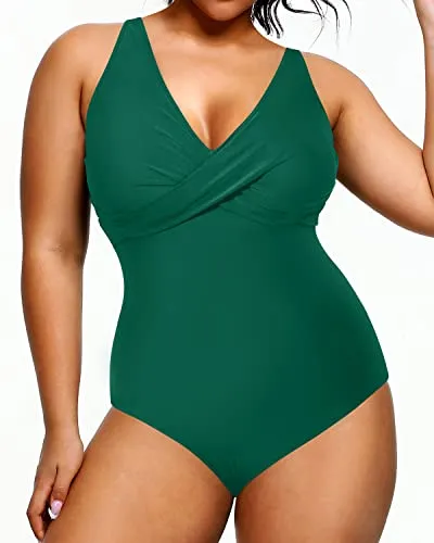 Women's Deep V-Neck One Piece Plus Size Swimsuits-Emerald Green