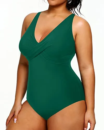 Women's Deep V-Neck One Piece Plus Size Swimsuits-Emerald Green