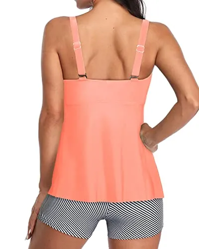 Women's High Waisted Line Modest Bathing Suits Shorts-Coral Pink Stripe