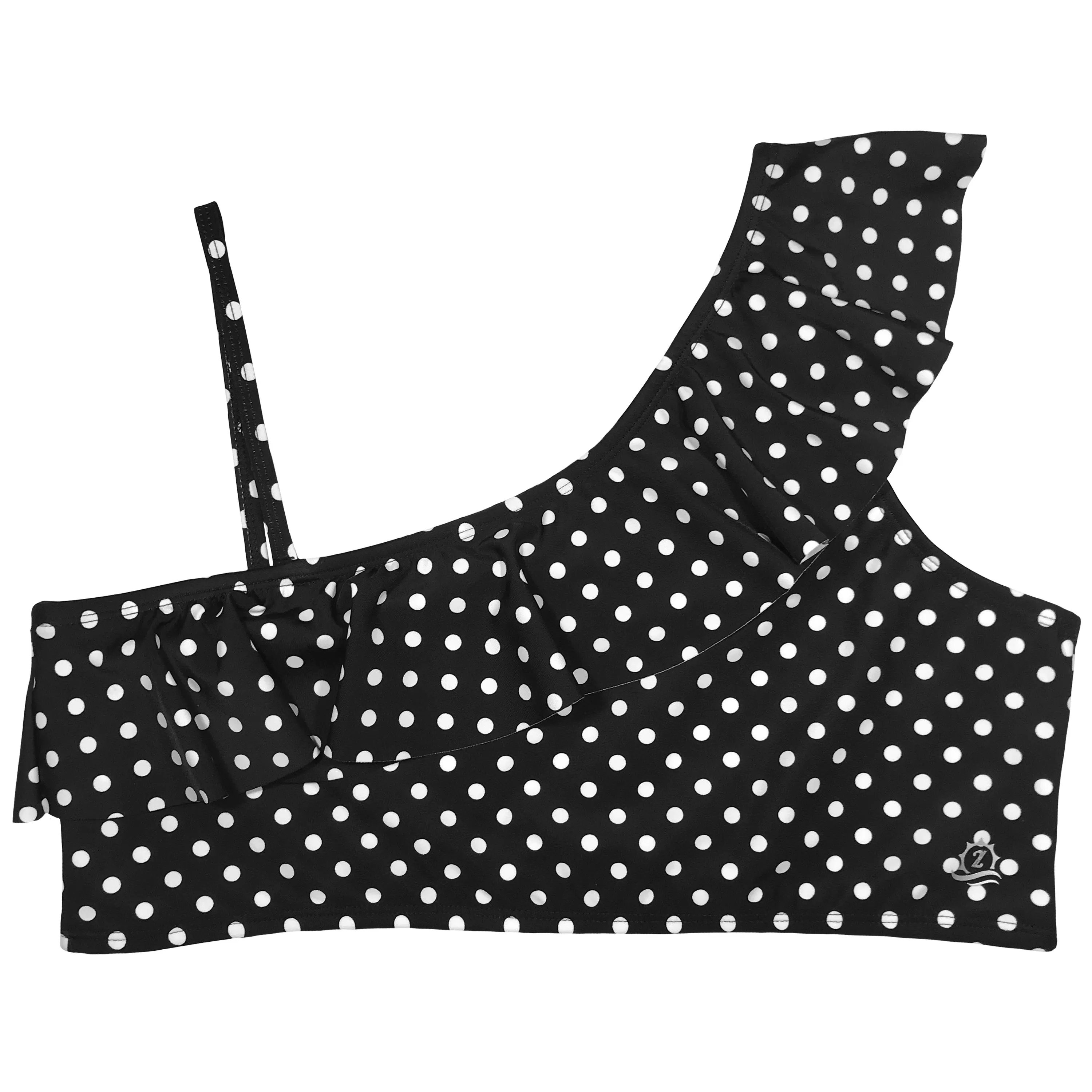 Women's One-Shoulder Bikini Top - "Black Polka Dots"