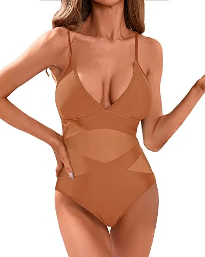 Women's Sexy V Neck One Piece Bathing Suits Monokini Swimsuit-Brown