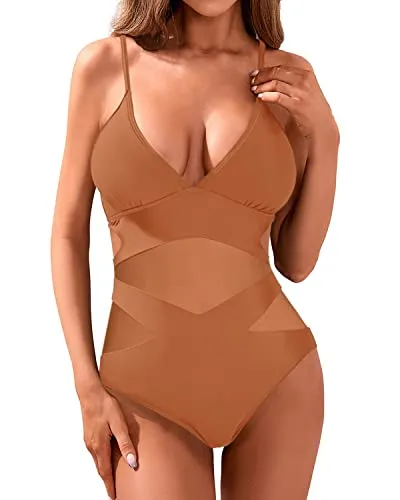 Women's Sexy V Neck One Piece Bathing Suits Monokini Swimsuit-Brown