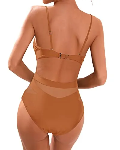 Women's Sexy V Neck One Piece Bathing Suits Monokini Swimsuit-Brown