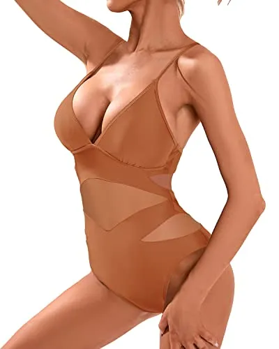 Women's Sexy V Neck One Piece Bathing Suits Monokini Swimsuit-Brown