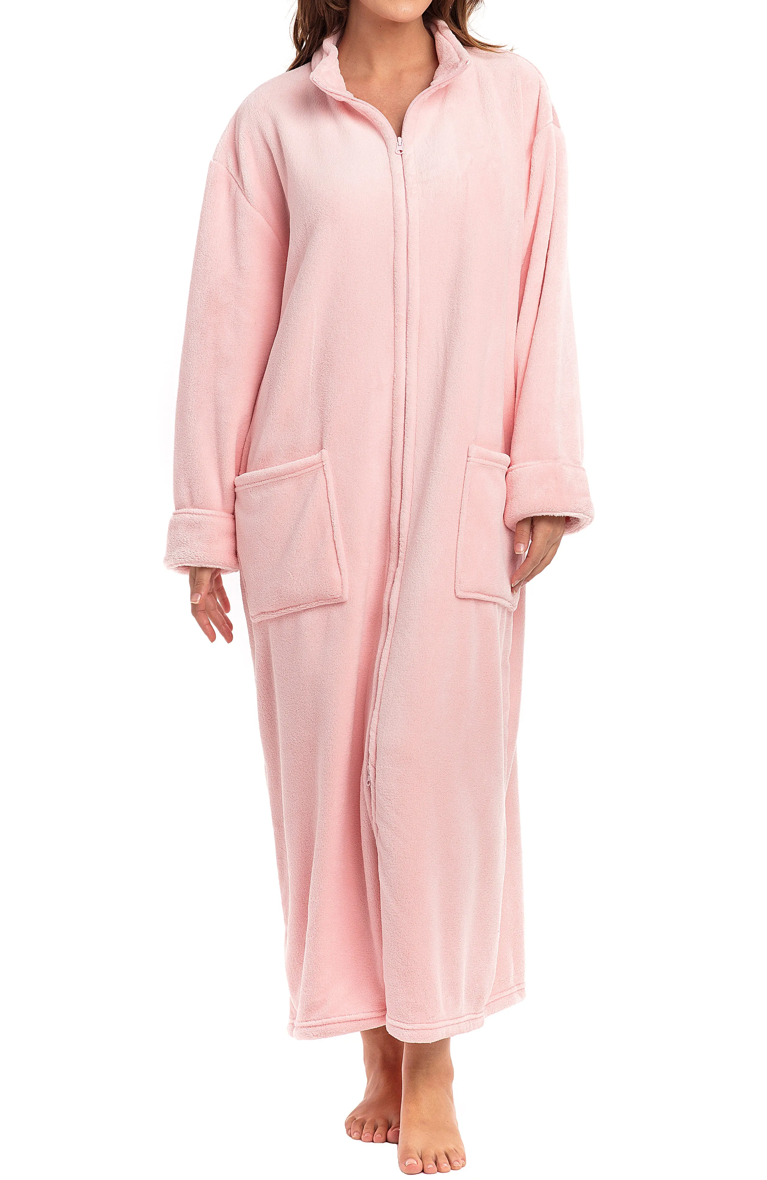 Women's Zip Up Plush Robe, Oversized Bathrobe with Two Way Zipper