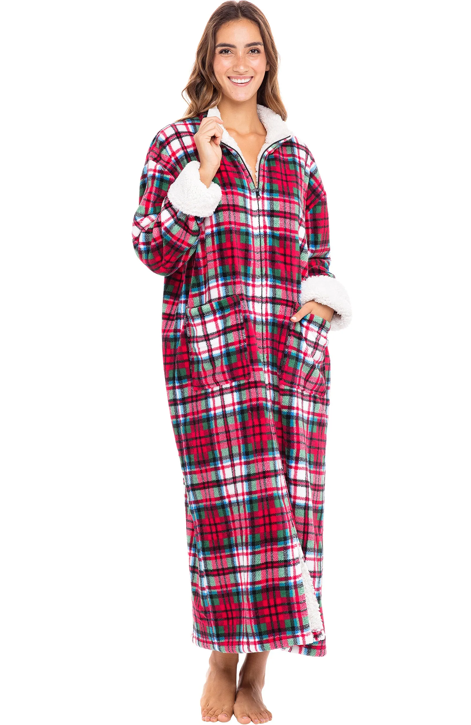 Women's Zip Up Plush Robe, Oversized Bathrobe with Two Way Zipper