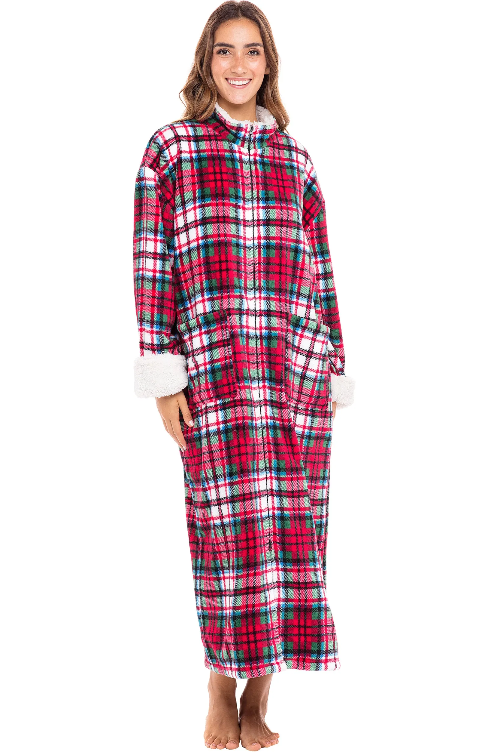 Women's Zip Up Plush Robe, Oversized Bathrobe with Two Way Zipper