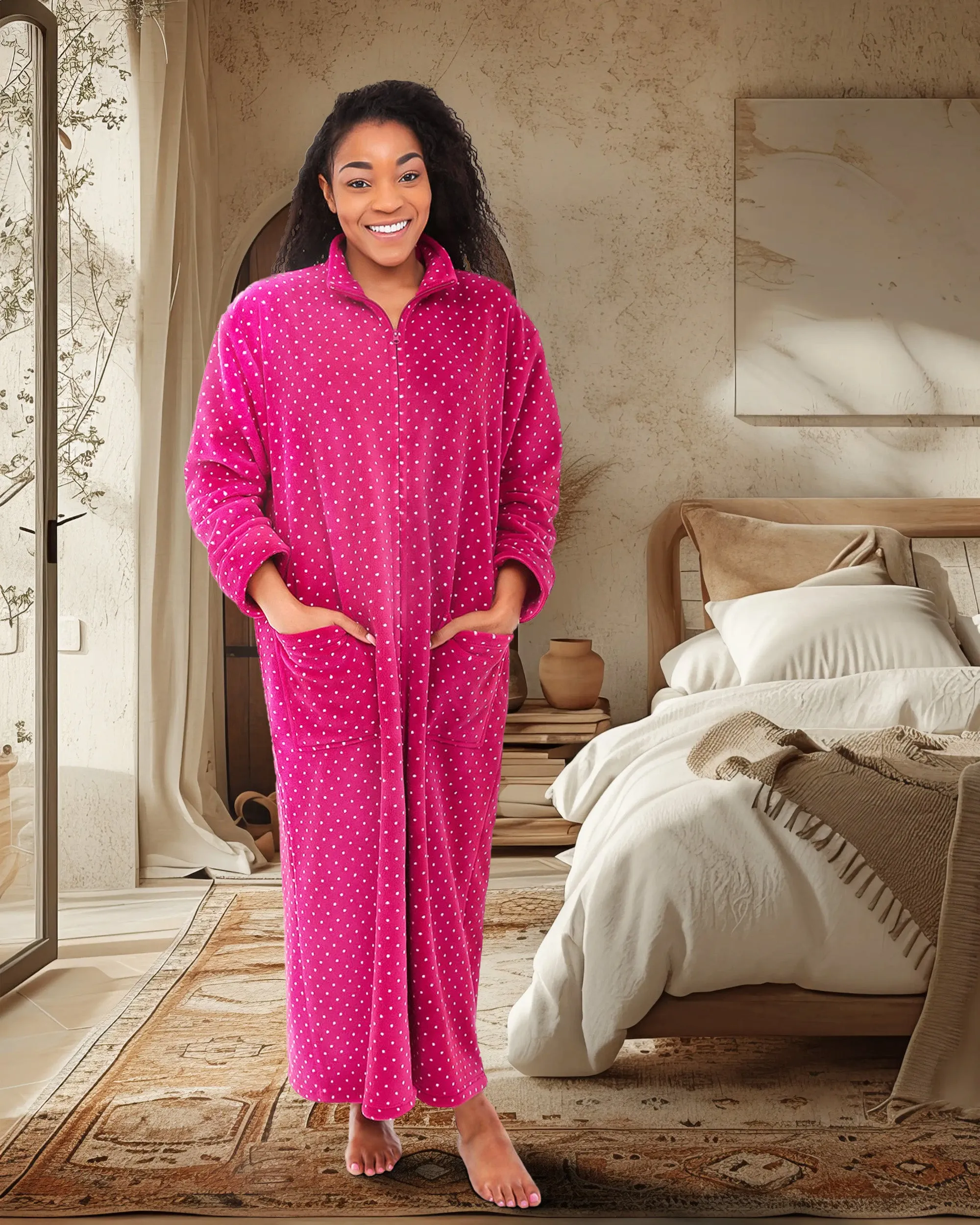 Women's Zip Up Plush Robe, Oversized Bathrobe with Two Way Zipper