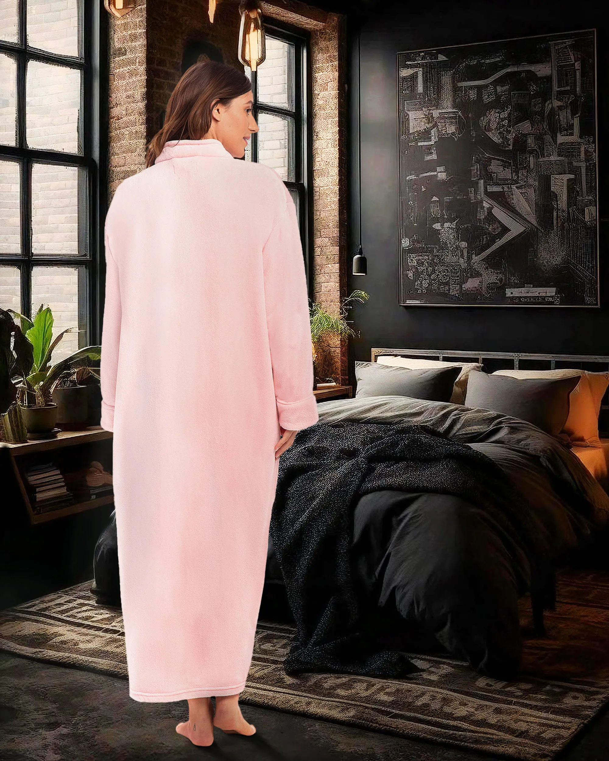 Women's Zip Up Plush Robe, Oversized Bathrobe with Two Way Zipper