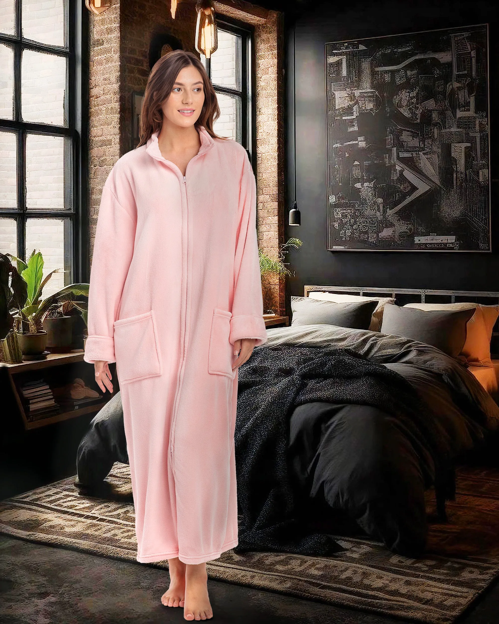 Women's Zip Up Plush Robe, Oversized Bathrobe with Two Way Zipper