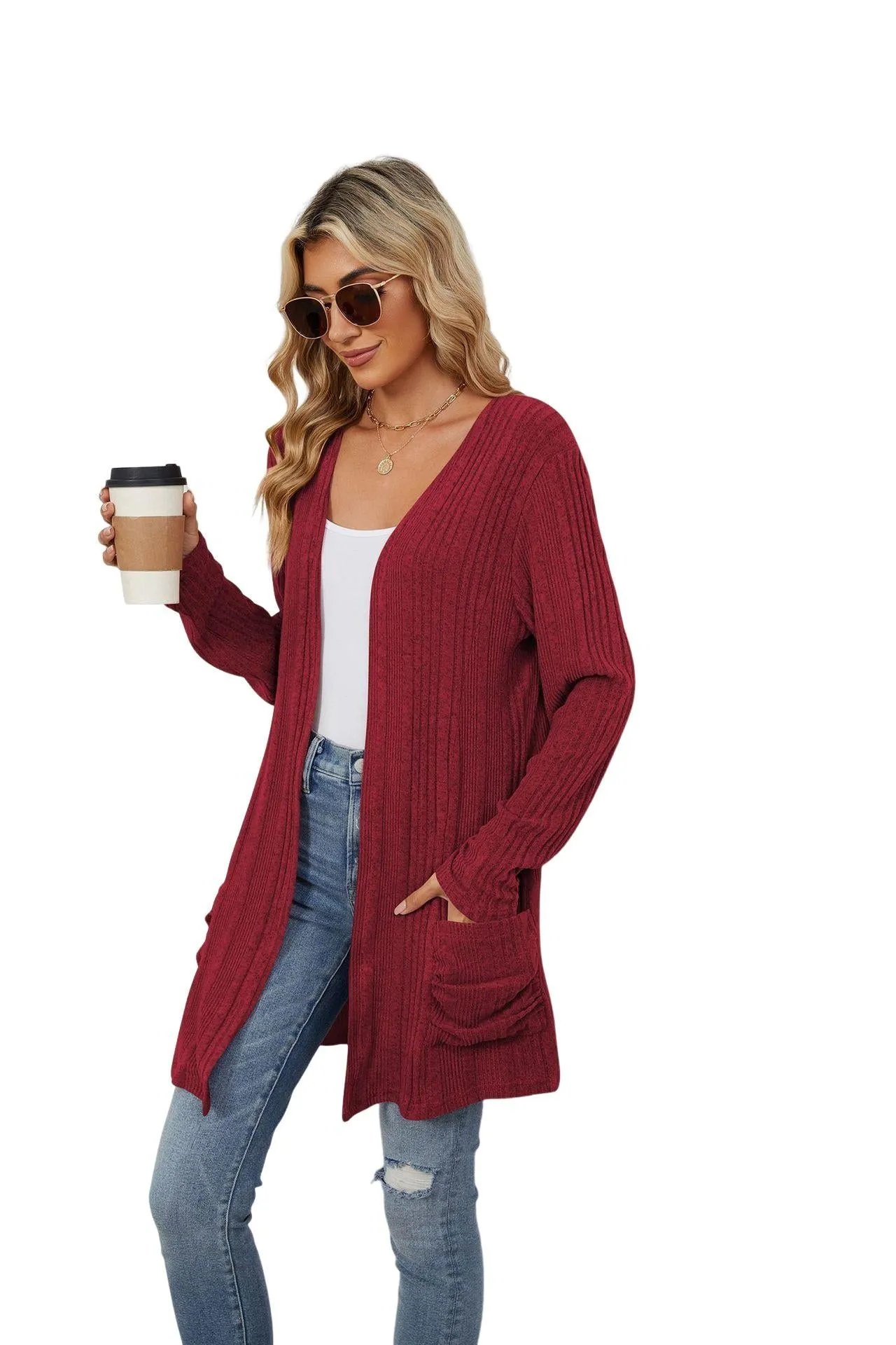 YESFASHION Women's Cardigan Sweater Lightweight Open Front Long Cardigan Casual Kimonos Outfits With Pockets for Beach Claret S