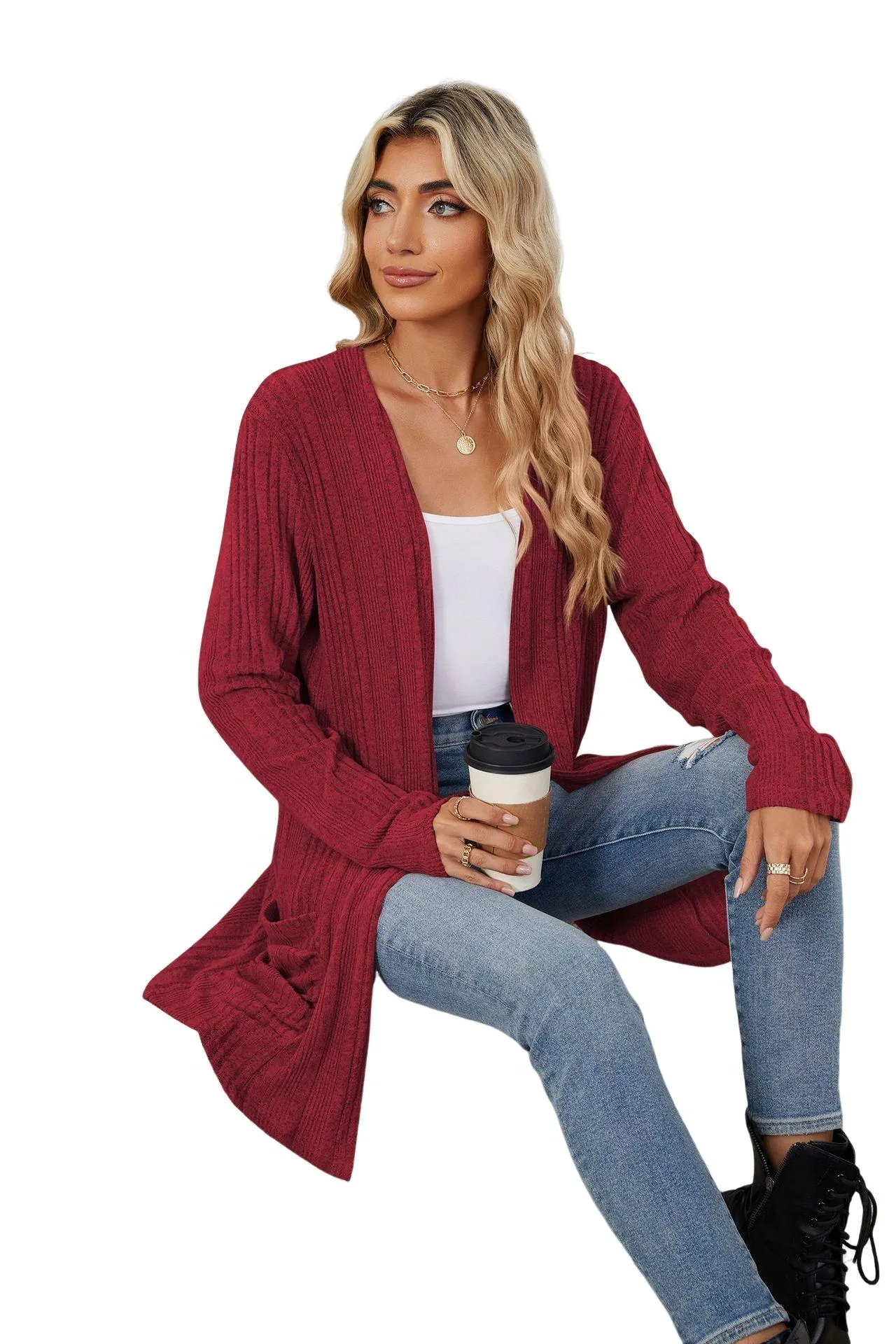 YESFASHION Women's Cardigan Sweater Lightweight Open Front Long Cardigan Casual Kimonos Outfits With Pockets for Beach Claret S