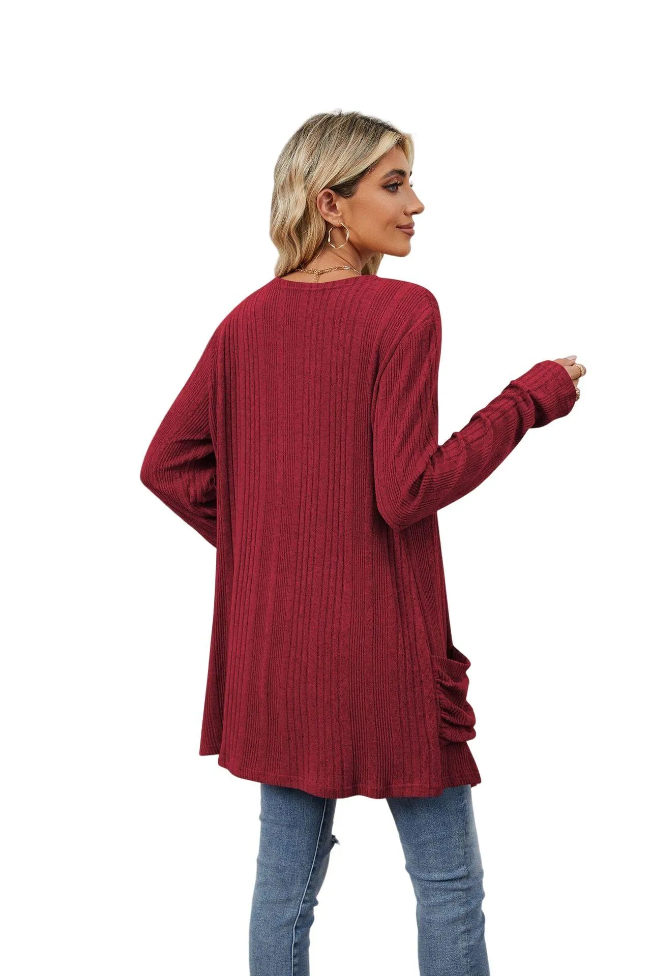 YESFASHION Women's Cardigan Sweater Lightweight Open Front Long Cardigan Casual Kimonos Outfits With Pockets for Beach Claret S