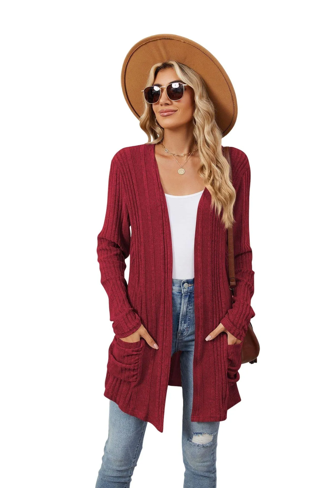 YESFASHION Women's Cardigan Sweater Lightweight Open Front Long Cardigan Casual Kimonos Outfits With Pockets for Beach Claret S