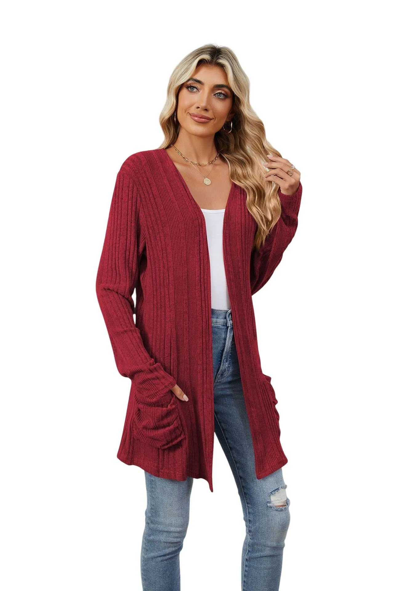 YESFASHION Women's Cardigan Sweater Lightweight Open Front Long Cardigan Casual Kimonos Outfits With Pockets for Beach Claret S