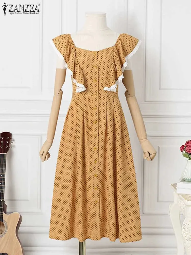 ZANZEA Women Printed Shirt Dress Summer Sleeveless Maxi Vestidos Fashion Ruffle Sleeve Sundress Lace Patchwork Party Robes S4605708