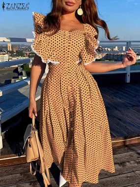 ZANZEA Women Printed Shirt Dress Summer Sleeveless Maxi Vestidos Fashion Ruffle Sleeve Sundress Lace Patchwork Party Robes S4605708