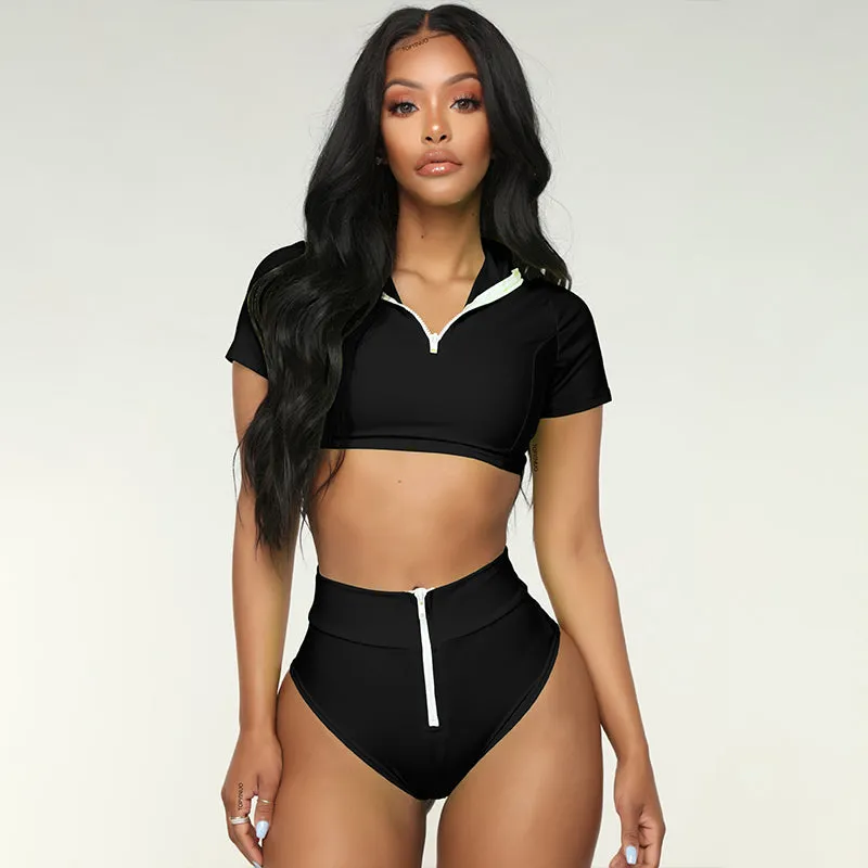 Zipper Short Sleeve High Rise Triangle Bikinis